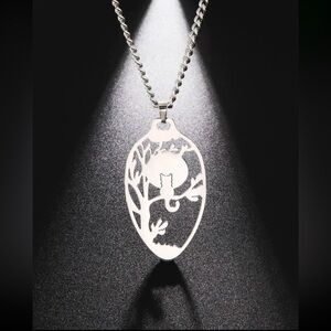🐈⬛ Kitty Cat Moon Tree Oval Metallic Pendant Necklace 🌙